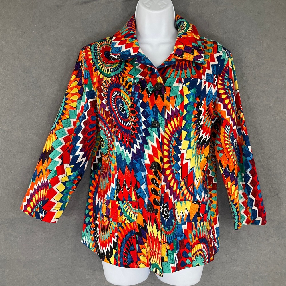 Chicos Jacket Women Sz 1 US S Colorful Art to Wear Geometric‎ Boho Retro Blazer